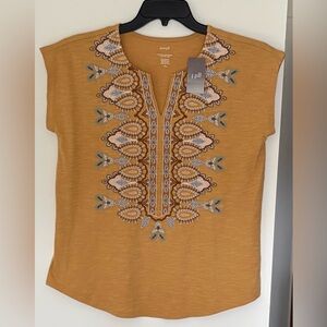 NWT J.Jill Pure Jill Mustard Yellow Embroidered Blouse Cotton Cap Sleeve V-Neck